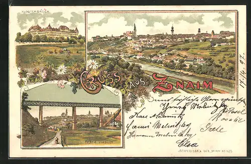 Lithographie Znaim, Teilansicht, Klosterbruck, Thaya Viaduct