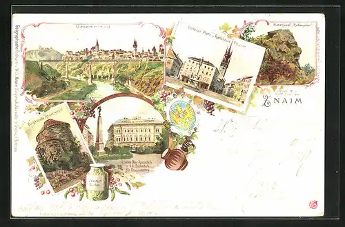 Lithographie Znaim, Unterer Platz u. Rathausturm, Burgkapelle Heidentempel, Riesenkopf Rabenstein