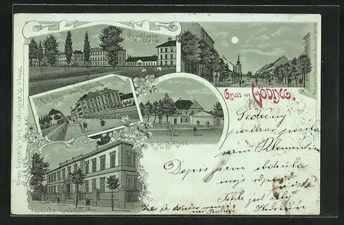 Mondschein-Lithographie Göding / Hodonin, Kavallerie-Kaserne, K. K. Haupttabak Fabrik, Deutsche Realschule