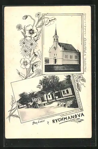 AK Ujezd-Rychmanov, Kirche, Strassenpartie mit Gebäudeansicht