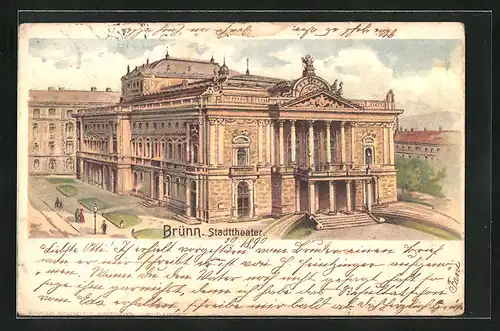 Lithographie Brünn / Brno, Frontalansicht des Stadttheaters