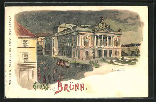 Lithographie Brünn / Brno, Stadttheater bei Nacht mit Strassenbahn
