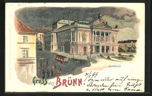 Lithographie Brünn / Brno, Stadttheater bei Nacht mit Strassenbahn