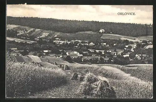 AK Orlovice, Blick über die Felder in die Stadt