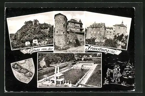 AK Freusburg a. d. Sieg, Hotel Ache, Freibad Kirchen-Wehbach, Burg