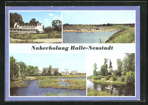 AK Halle-Neustadt, Gasthaus Piratennest, Angersdorfer Teich mit Badestelle, Südpark