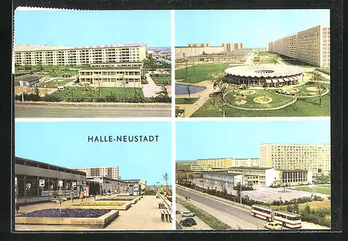 AK Halle-Neustadt, Parkanlage mit Bus und Beeten