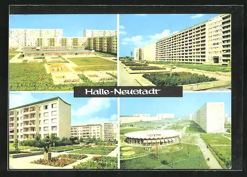 AK Halle-Neustadt, Spielplatz und Gartenanlage umringt vom Plattenbau
