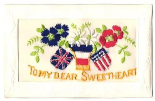 Seidenstick-AK To my dear Sweetheart, Wappen, weisse, blaue und rote Blumen