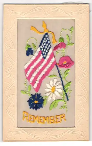 Seidenstick-AK Remember, Amerikanische Flagge und Blumen