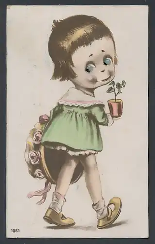 Glasaugen-AK Mädchen mit kleinem Blumentopf