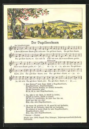 Künstler-AK Lied Der Vugelbeerbaam, Panorama mit Kirche