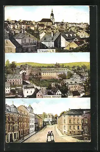 AK Treuen i. V., Unteres Rittergut, Bahnhofstrasse, Totalansicht mit Kirche