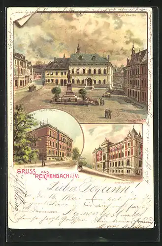 Künstler-AK Reichenbach i. V., Marktplatz, Amtsgericht, Realschule