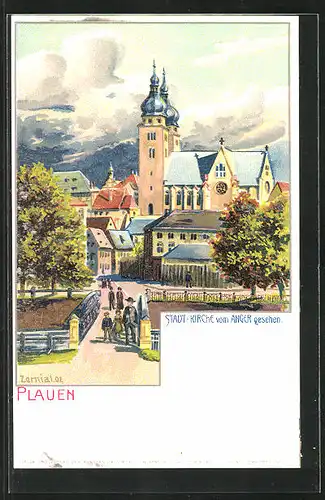 Künstler-AK Plauen, Stadtkirche vom Anger gesehen