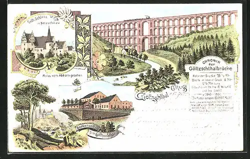 Lithographie Netzschkau, Restaurant zum Göltzschthal, Gräfl. Schloss, Göltzschthalbrücke