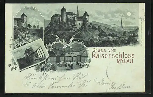 Mondschein-AK Mylau, Gastzimmer im Schloss, Schlosshof, Zwinger