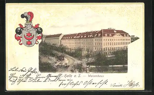 Präge-AK Halle a. S., Waisenhaus und Wappen