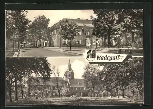 AK Radegast /Anh., Leninplatz mit Gasthaus, Strassenpartie mit Gebäudeansicht und Litfasssäule