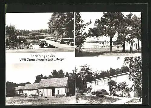 AK Blossin /Kr. Königs Wusterhausen, Ferienlager des VEB Zentralwerkstatt Regis, Bootssteg, Gebäudeansicht, Ortspartie