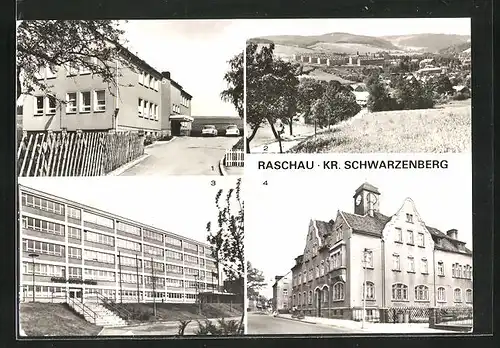 AK Raschau, Ortsansicht aus der Ferne, Landambulatorium, Rathaus, Paul-Blechschmidt-Oberschule