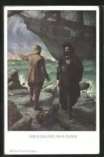 Künstler-AK Der fliegende Holländer, Männer an der Küste mit Schiff