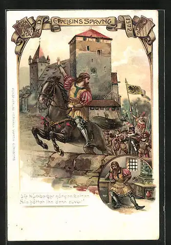 Präge-AK Ritter Eppelein beim Sprung über die Mauer d. Nürnberger Burggrabens