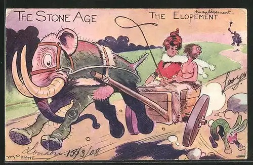 Künstler-AK sign. Tom Payne: The Elopment, Elefantengespann der Steinzeit