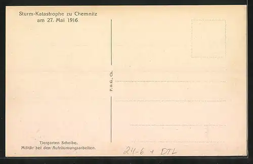 AK Chemnitz, Sturm-Katastrophe am 27. Mai 1916, Soldaten vor zerstörtem Gebäude