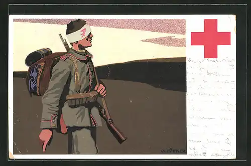 Künstler-AK W.I.: Rotes Kreuz, verwundeter Soldat