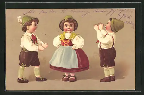 Künstler-AK Fritz Baumgarten: Zwei Jungen, ein Mädchen, in Tracht, unsigniert