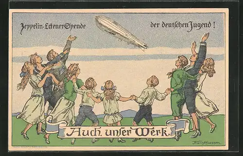 Künstler-AK Franz Stassen: Eckener-Zeppelin-Spende, Kinder bejubeln Zeppelin