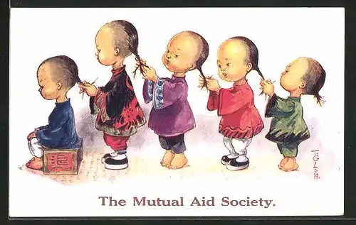 Künstler-AK T. Gilson: chinesische Kinder flechten Zöpfe