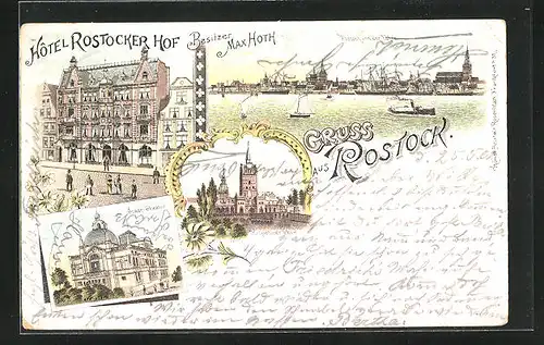 Lithographie Rostock, Hotel Rostocker Hof v. Max Hoth, Stadtr. Theater, Ortsansicht von der Fähre aus