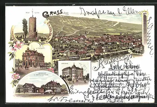 Lithographie Künzelsau, Bahnhof u. Restaurant, Wart Thurm, K. Postamt, Seminar, Ortsansicht