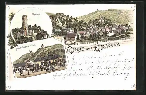 Lithographie Eppstein, Bahnhofrestaurant, Ruine, Totalansicht