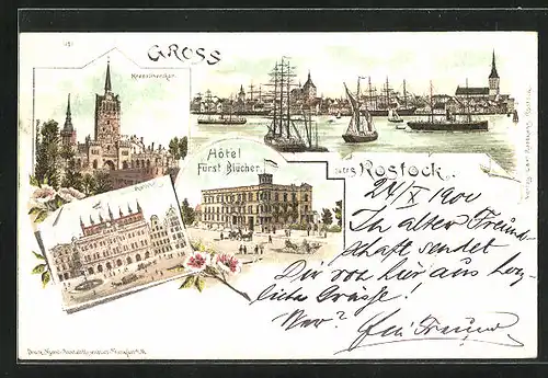 Lithographie Rostock, Hotel Fürst. Blücher, Kröpelinerthor, Hafenpartie