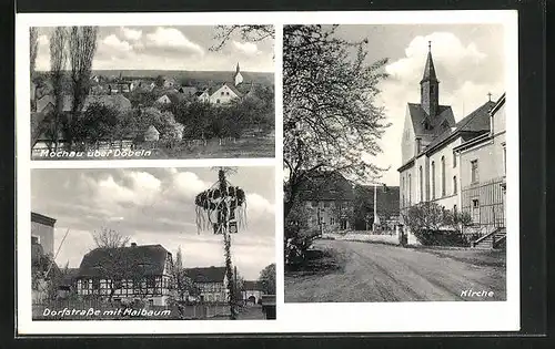 AK Mochau ü. Dobeln, Dorfstrasse mit Maibaum, Kirche