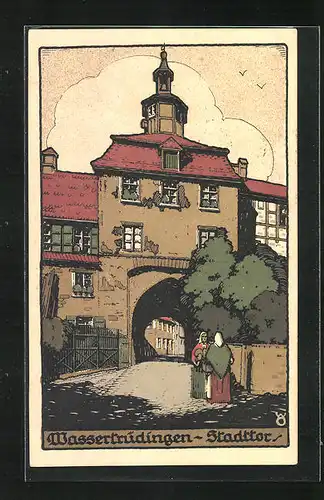 Steindruck-AK Wassertrüdingen, Frauen am Stadttor