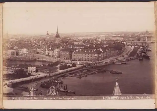 Fotografie Axel Lindahls, Stockholm, Ansicht Stockholm, Panorama der Stadt von der Mosebacke torg aus gesehen, Hafen 2