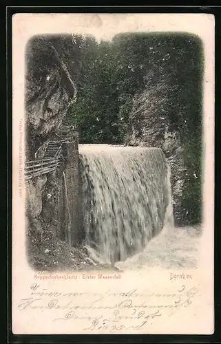 Relief-AK Dornbirn, Rappenlochschlucht, Erster Wasserfall