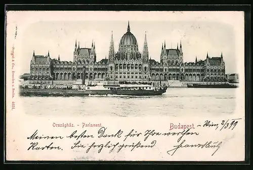 Relief-AK Budapest, Országház, Parlamentsgebäude, Donaudampfer