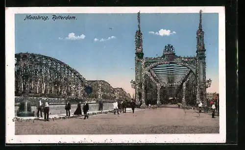 Glitzer-Perl-AK Rotterdam, Maasbrug mit Glitzer-Perlen