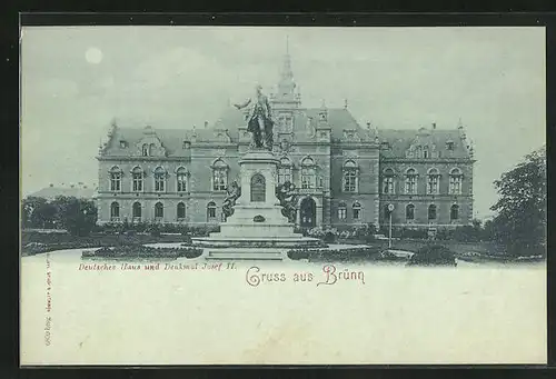 Mondschein-AK Brünn / Brno, Deutsches Haus und Denkmal Josef II.