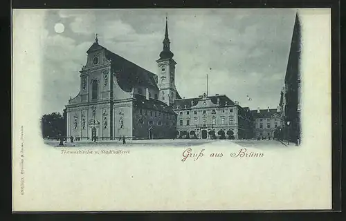 Mondschein-AK Brünn / Brno, Thomaskirche u. Stadttheaterei