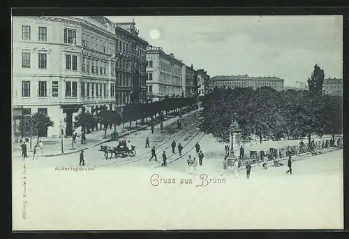 Mondschein-AK Brünn / Brno, Bahnringstrasse mit Passanten