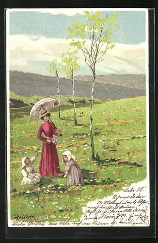 Künstler-AK Alfred Mailick: Frau mit Kindern auf Wiese