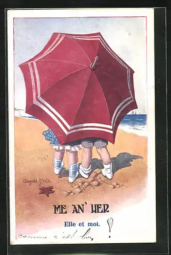 Künstler-AK Donald McGill: Me an` Her, Zwei Kinder mit Sonnenschirm am Strand
