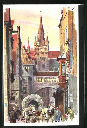 Künstler-AK Heinrich Kley: Nürnberg, Blick in die Rathausgasse