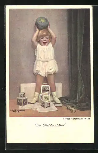 Künstler-AK F. J. Ostermann: Der Meisterschütze, Kleines Kind wirft einen Ball